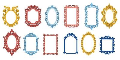 Doodle mirror frames. Antique ornate decorative borders, modern elegant maiden photo frame design cartoon style. Vector isolated collection