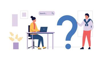 Man holding big question mark, woman sitting at desk with laptop and searching for answer. Getting information vector