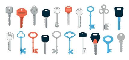 Doodle keys. Cartoon abstract vintage and modern keys of various shapes and colors, minimalistic security and real estate symbol. Vector different keys collection