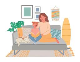 Mother with baby read book. Mom and daughter sitting on sofa and learning to read. Parent and kid spending leisure time vector