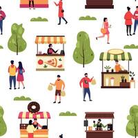 Seasonal outdoor market. Seamless pattern of street stall with vendors selling goods, food festival backdrop for wrapping textile print. Vector texture