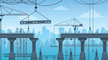 Bridge construction. Steps of building repair bridgework with crane machine, architecture maintenance concept cartoon flat style. Vector illustration