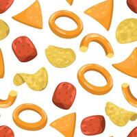 Potato chips pattern. Seamless print of crunchy crispy salted snack, fast food fried food for party decoration. Vector texture