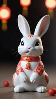 AI generated Photo Of 3D Ornamented Rabbit Figurine Porcelain Bunny Render Symbol Of Chinese New Year And Easter Holidays Modern Minimal Design Social Media Sale Greeting Technology. AI Generated