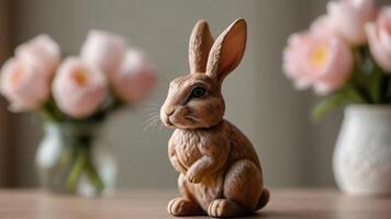 AI generated Photo Of A Brown Rabbit Figurine Sitting On Top Of A Table Next To A Vase Filled With White And Pink Flowers. AI Generated