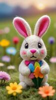 AI generated Photo Of Handmade Diy Figurine Cute Crafted Wool Felt Easter Bunny On A Colorful Blooming Flower Meadow. AI Generated