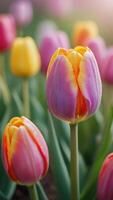 AI generated Photo Of Easter Colorful Tulips Flower On Meadow Pastel Light Morning Light Bokeh. AI Generated