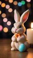 AI generated Photo Of Easter Bunny And Candle On Wooden Table In Front Of Bokeh Background. AI Generated