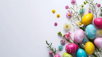 ai generado un Pascua de Resurrección decoración roba el destacar, meticulosamente arreglado en contra un claro, radiante blanco antecedentes ingenio Copiar espacio foto