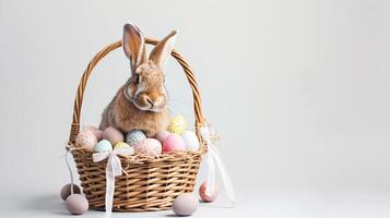 ai generado un Pascua de Resurrección cesta con un conejito sentado en eso roba el destacar, meticulosamente arreglado en contra un claro, radiante blanco antecedentes y Copiar espacio para texto foto