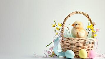 ai generado un Pascua de Resurrección cesta con un amarillo pollo roba el destacar, meticulosamente arreglado en contra un claro, radiante blanco antecedentes y Copiar espacio para texto foto