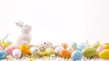 AI generated An Easter decoration steals the spotlight, meticulously arranged against a clear, radiant white background wit copy space photo