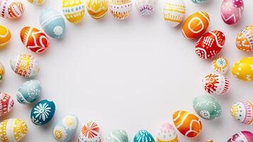 AI generated a frame crafted from a collection of vibrant Easter eggs, takes center stage against a clear white background to insert your text or image in it photo