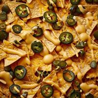 AI generated Close up of Cinema Food nachos with cheese and jalapeno in a full screen tile image that can be repeated infinitely photo