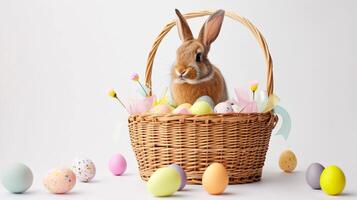 AI generated An Easter basket with a bunny sitting in it steals the spotlight, meticulously arranged against a clear, radiant white background and copy space for text photo