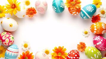 AI generated a frame crafted from a collection of vibrant Easter eggs, takes center stage against a clear white background to insert your text or image in it photo