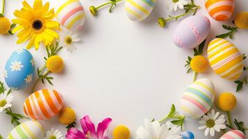 AI generated a frame crafted from a collection of vibrant Easter eggs, takes center stage against a clear white background to insert your text or image in it photo