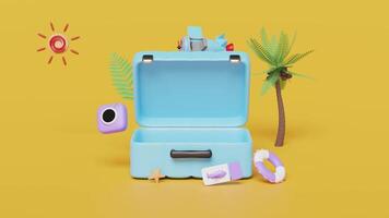 3d blue open suitcase empty with airplane, sun, plane, palm tree, camera isolated on yellow background. summer travel concept, 3d render illustration video