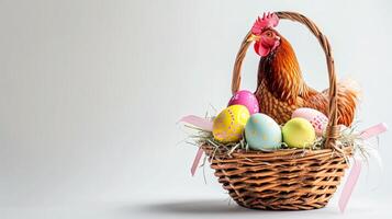 AI generated An Easter basket with a hen sitting in it steals the spotlight, meticulously arranged against a clear, radiant white background and copy space for text photo