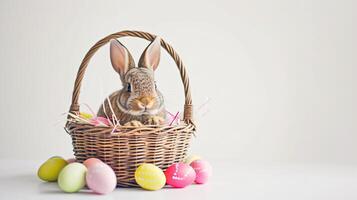 ai generado un Pascua de Resurrección cesta con un conejito sentado en eso roba el destacar, meticulosamente arreglado en contra un claro, radiante blanco antecedentes y Copiar espacio para texto foto