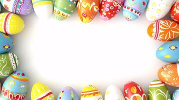 AI generated a frame crafted from a collection of vibrant Easter eggs, takes center stage against a clear white background to insert your text or image in it photo