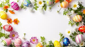 AI generated a frame crafted from a collection of vibrant Easter eggs, takes center stage against a clear white background to insert your text or image in it photo