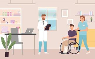 médico visita. hombre en silla de ruedas teniendo cita con médico obrero. dibujos animados personaje con roto pierna vector