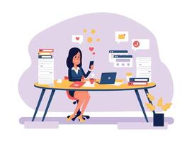 Procrastination at work. Woman employee sitting at workplace and surfing social media in smartphone. Unproductive office worker vector