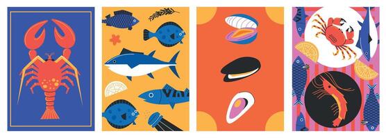 Seafood minimalistic poster. Abstract cartoon fish shellfish elements for restaurant menu background design, trendy simple banners. Vector collection