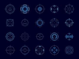 HUD circle aim. Target system futuristic game user interface, military round focus control, sniper weapon sight. Vector dashboard element set for aiming