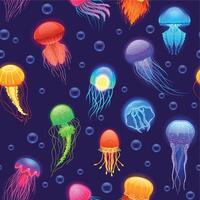 Jellyfish pattern. Seamless print of cute colorful cartoon sea animal, transparent underwater creatures of different shapes and colors. Vector texture