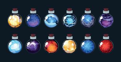 Game magic potion. Witchcraft mystery bottles with alchemy elixir, glass flask with poison and chemicals. Vector game interface asset, cartoon clipart sprite set