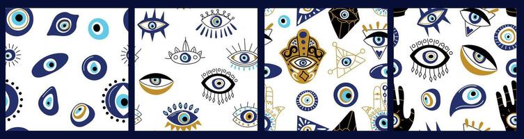 Evil eye pattern. Seamless print of Turkish Greek protection amulet icons, mystic contemporary backgrounds for wrapping paper textile. Vector textured set