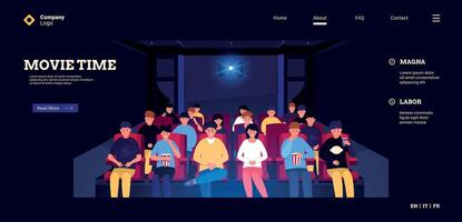 People in cinema landing. Web page template of cartoon graphic with people watching movie in dark cinema room. Vector starting page illustration of movie theater