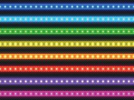 LED light strip. Realistic colorful ribbon with glowing effect, green red blue yellow purple and violet illuminated strip set. Vector light decoration collection