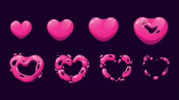 Heart sprite animation. Grow and disappear sprite sequence for like button pressed, game heart explosion graphic template. Vector animate frames set