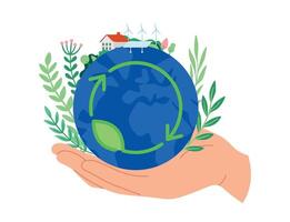 Save the earth concept. Hand holding planet, protecting environment. People taking care of nature , using alternative energy vector