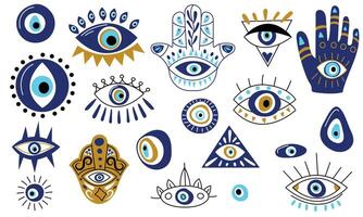 Turkish eye collection. Abstract cartoon blue evil eye Hamsa magic icons, fantasy esoteric talisman protection. Vector contemporary set