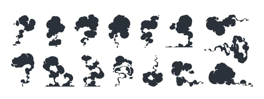 Cartoon smoke effect. Comic windy dust stream, steam puff and puff movement, blow silhouette for game animation. Vector fume motion asset