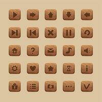 Wooden game UI buttons. Cartoon home screen interface and menu icons, comic GUI start play pause restart buttons asset. Vector isolated set