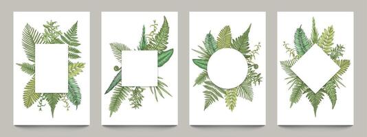 Vintage posters with botanical borders. Empty banners mockup with rural hand drawn herbs and leaves, blank wedding invitations and greeting cards. Vector set