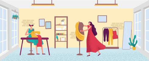 Art studio. Female fashion designer creating modern clothes in workshop. Cartoon workers in atelier making garment on mannequin vector