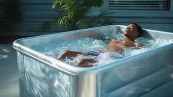 AI generated Cold tub. African American young man taking ice bath outside. Health benefit photo