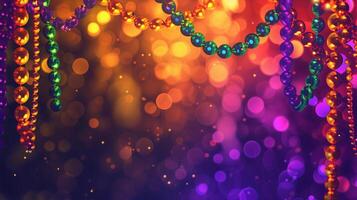 AI generated Mardi gras banner design with colorful beads, bokeh and empty copy space for text photo