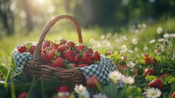 ai generado Fresco maduro fresas en un cesta. soleado casa de campo verano escena. foto