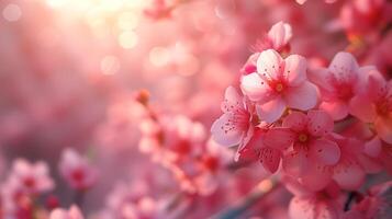 ai generado sakura Cereza florecer cerca arriba. hermosa floral primavera fondo de pantalla en rosado color paleta. foto