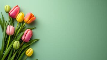 AI generated Floral spring background with bunch of colorful tulips on light green backdrop. Copy space. Mothers day, 8 march photo
