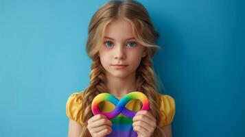 ai generado linda pequeño niña es participación arco iris infinito símbolo. neurodiversidad conciencia concepto. foto