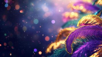 AI generated Mardi Gras background with empty copy space. banner with feathers, bokeh on blue backdrop. Carnival. Purim. photo