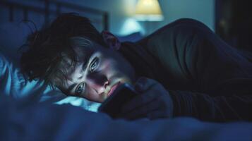 AI generated Doomscrolling. FOMO. Young man lying in bed at night, checking phone with a worried and anxious expression. photo